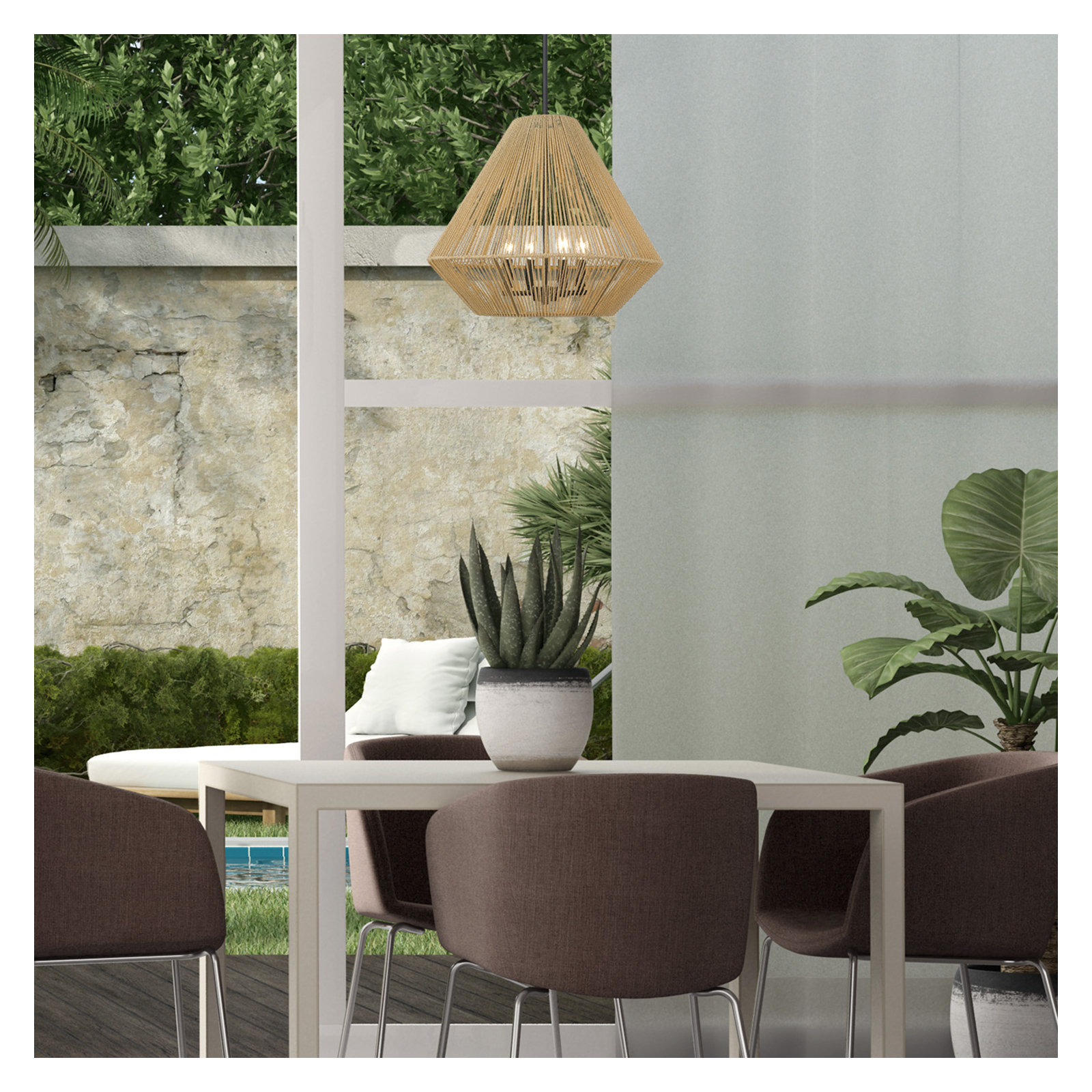 Simon 4 Light Cotton Steel Dimmable Pendant, Natural Raphia Rope