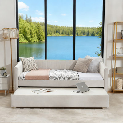Full Size Sofa Bed With Trundle, Upholstered In Linen With Vertical Stripes