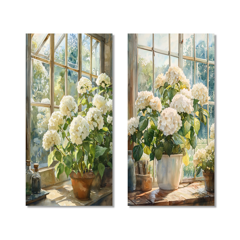 Hortensias dans la ferme serre I - ensemble d'art mural en métal hydrangées de 2, 32" H x 32" W