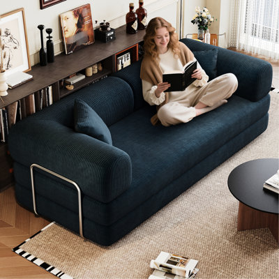 Lit convertible bleu de 78,8 po avec accoudoirs de soutien du dos, canapé modulaire en velours côtelé modulaire désossé pour la chambre à coucher, aucune installation requise pour les coussins de sol, complication