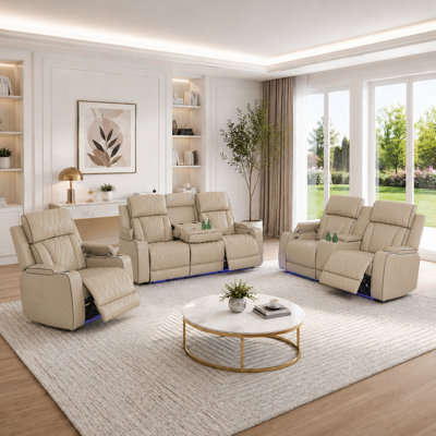 Ensemble de canapé inclinable électrique en cuir 3 pièces avec lumières DEL, chargeur sans fil, console de rangement et table rabattable