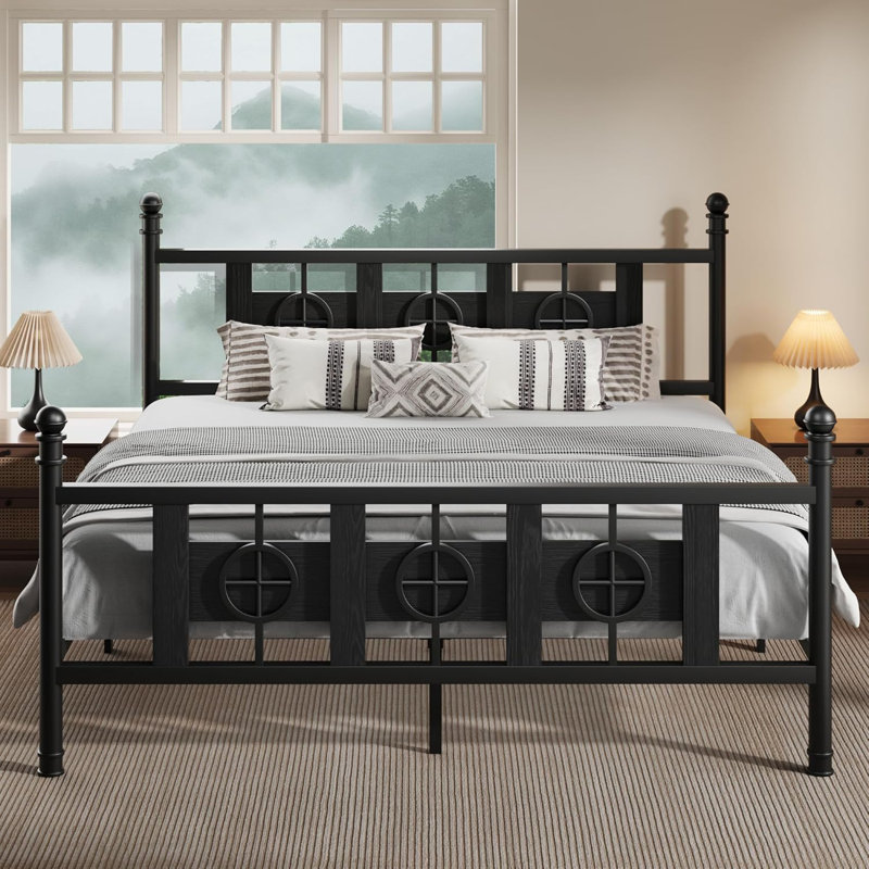 Oriental Vintage Style Metal Platform Bed, Black/King (U.S. Standard)
