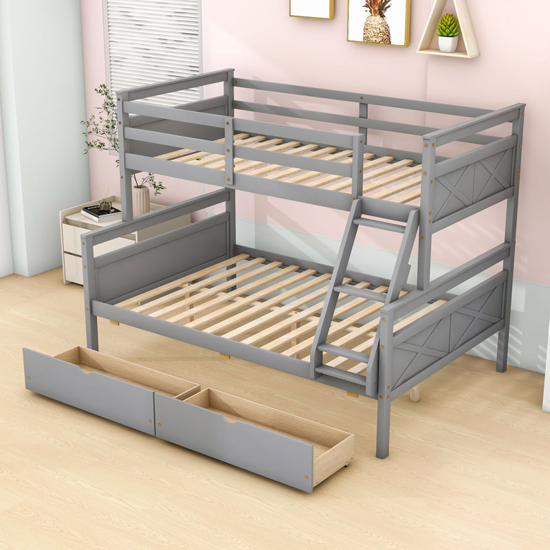 2 Drawers Twin Over Full Bunk Bed With Guardrails, Can Be Split Into 2 Individual Beds, Grey