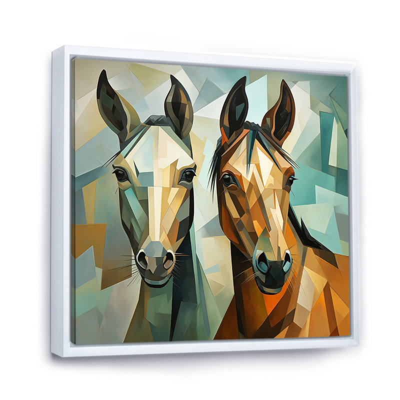 Couple cubique de chevaux verts et bruns - Art mural cheval, H 16 po x l 16 po x P 1 po, Cadre flottant blanc