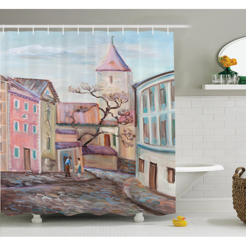 Ensemble de rideau de douche aquarelle effect town, H 75 po x l 69 po