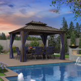 PURPLE LEAF 10' W x 12' D Hardtop Gazebo Canopy with Netting and Curtains for Outdoor Deck Backyard Heavy Duty Sunshade Outside Metal Patio Permanent Pavilion