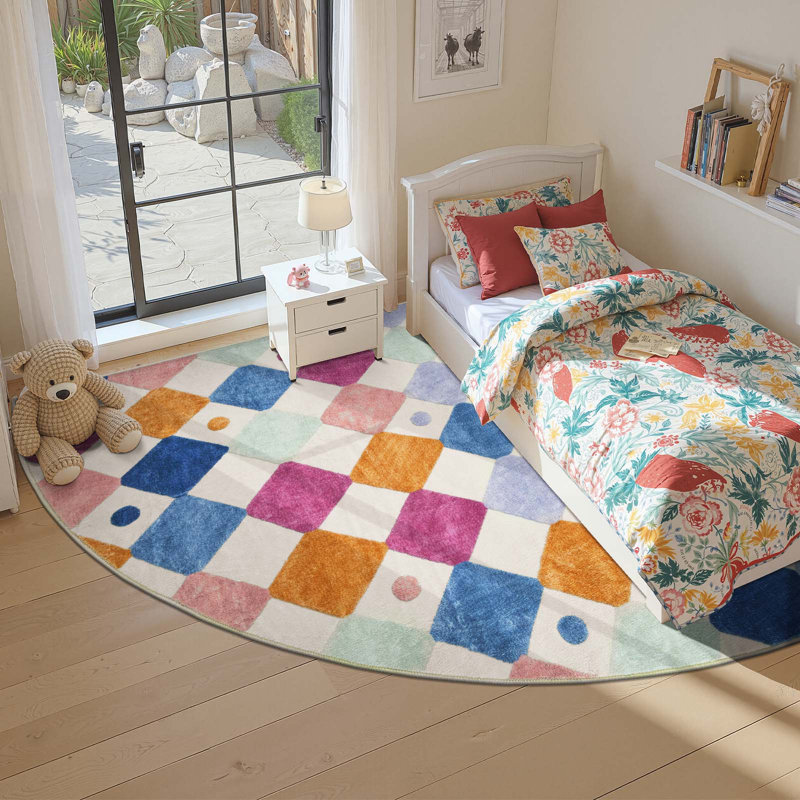 Colorful Diamond for Kids Washable Non-slip Rug Berries on Cream, Corner 7' x 7', Berries on Cream