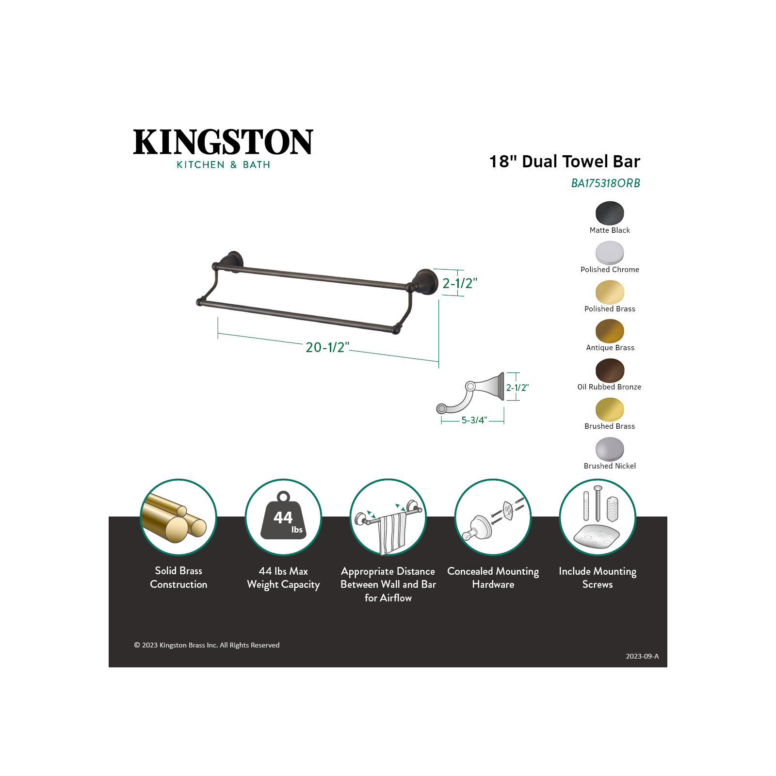 Kingston Brass Heritage 18-Inch Dual Towel Bar, Matte Black