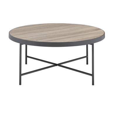 Table basse en métal avec pieds en chêne gris vieilli et plateau rond en bois