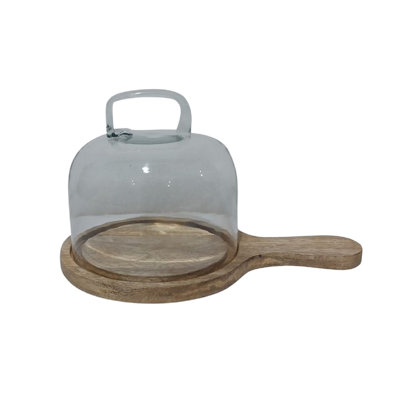 Cake Cover Glass & Mango Wood H 6.3" & Dia 7.9"