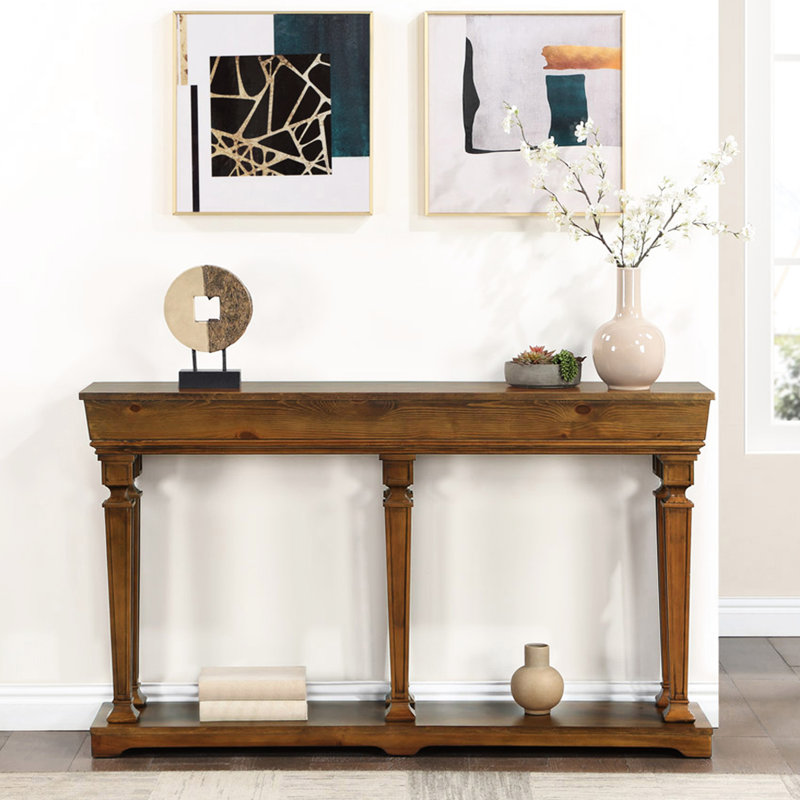 Console en chêne avec design rectangulaire et tablette de rangement avec pieds carrés pratiques