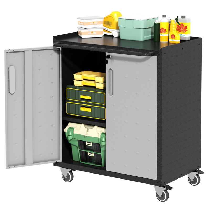 Heavy-Duty Metal Utility Cabinet With Wheels - Spacious For Garage, Home. Adjustable Shelves, Rustproof. Black And Gray. 29.06"W X 16.75"D 34.29"H Rolling For Workshop, Spacious, Adjustable, +