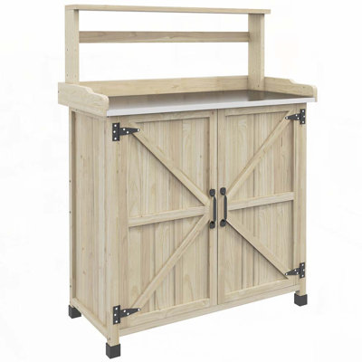Banc de rempotage, table de rempotage en bois pour l'extérieur avec armoire de rangement et 2 tablettes