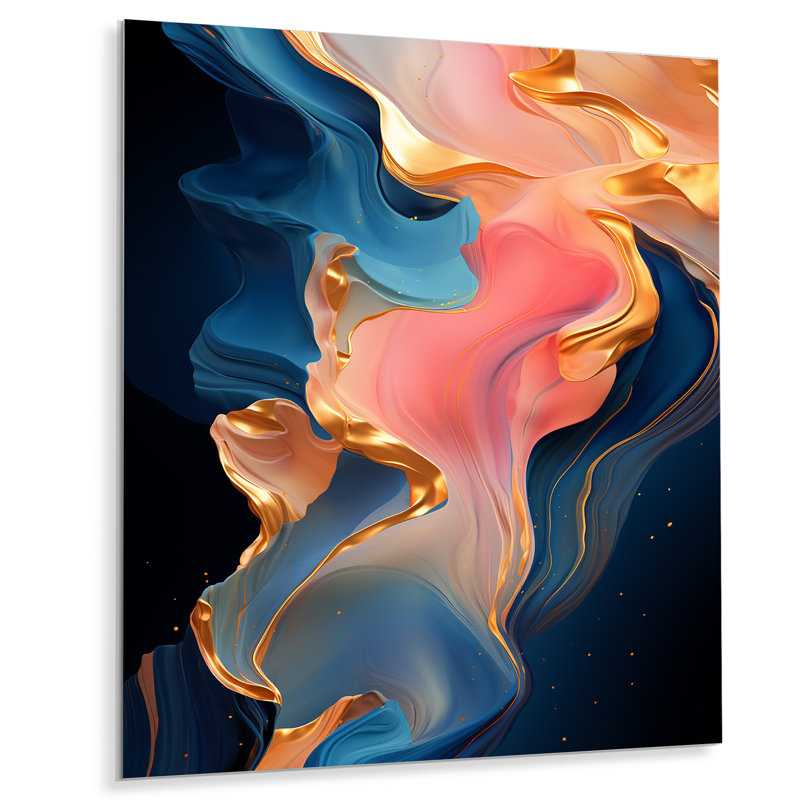 Encre liquide abstraite rose et or II - encre liquide abstraite, art mural en métal, H 20 po x l 12 po x P 1 po