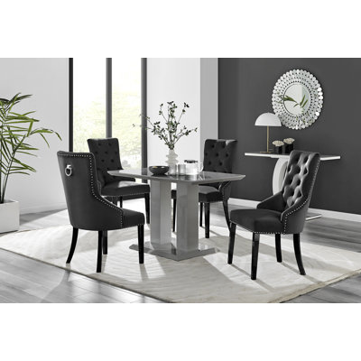 Edzard Modern Double Pedestal High Gloss Dining Table Set with 4 Luxury Velvet Dining Chairs