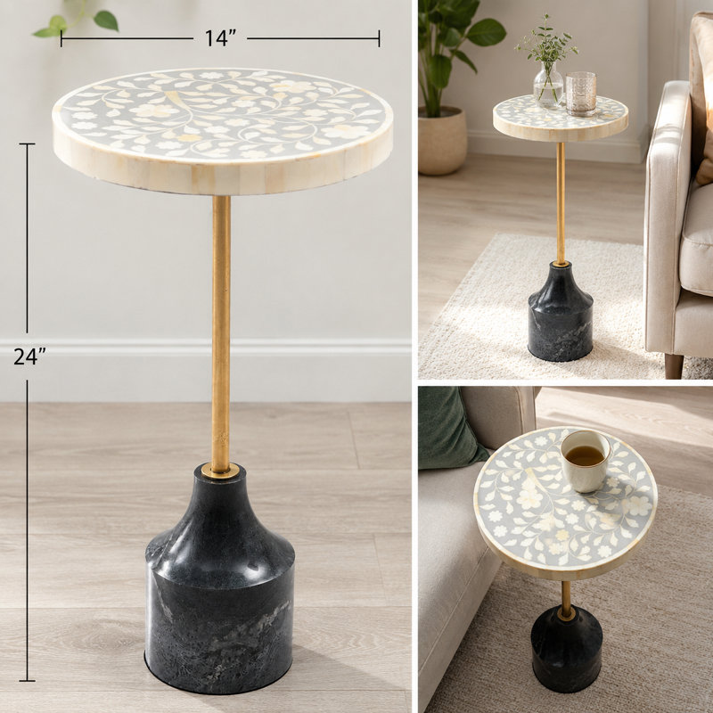 Table de bout Clotis Bone Inlay avec base en marbre véritable, H 24 po x l 14 po x P 14 po