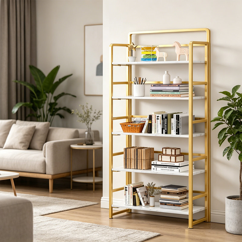 Très grande bibliothèque pliante, étagères de rangement rétro à 5 niveaux pour bureau à domicile, sans assemblage