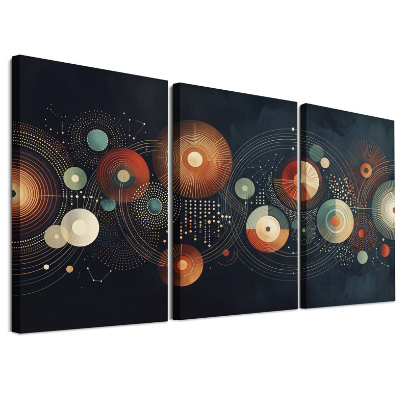 Ensemble de 3 tableaux sur toile représentant des cercles géométriques abstraits orange et turquoise, 24"H x 16"W x 3pcs