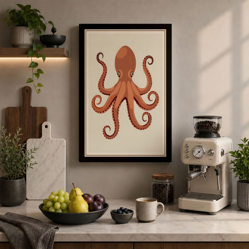 Terracotta Octopus Botanical - Wrapped Canvas, 36x24 - 91.4 x 61.0 cm, Ochre Border