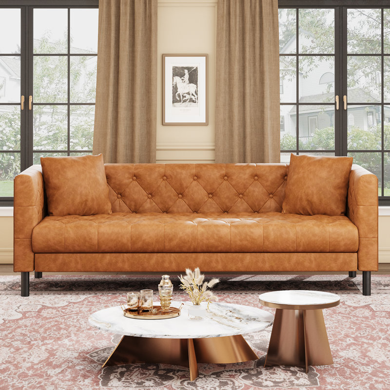 Canapé 81 po en cuir moderne Mid-Century, canapé Chesterfield 3 places avec dossier capitonné et siège profond, Orange