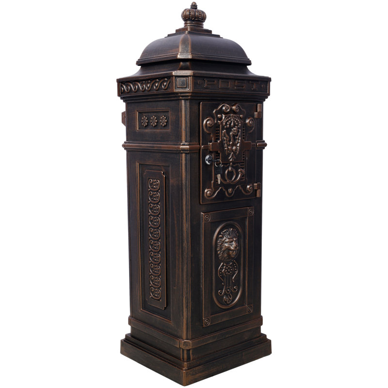 Boîte aux lettres résidentielle au sol, 35,5 x 33 x 101,5 cm, monobloc, en aluminium moulé, bronze, grande capacité, design vintage avec statue et colonne romaine, pour allée de jardin