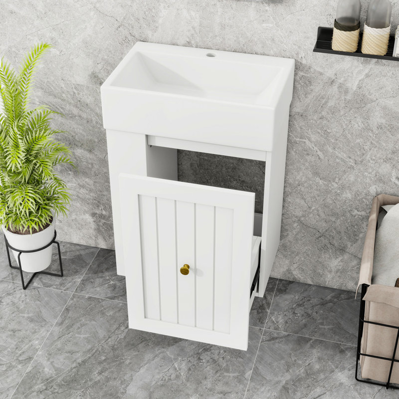 Meuble-lavabo mural avec lavabo, tiroir et tablette latérale, Blanc