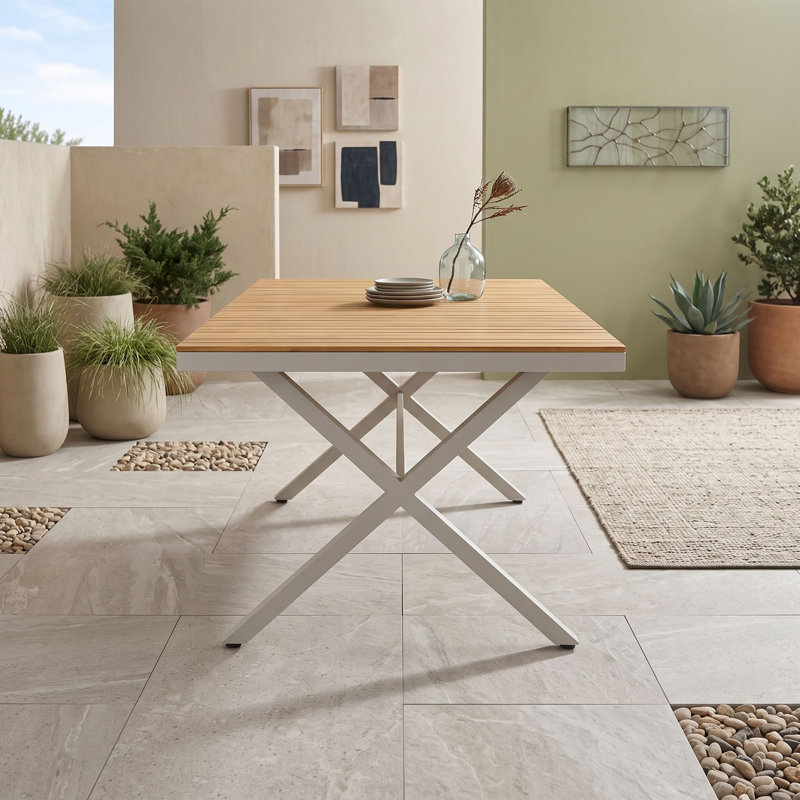 Table de salle à manger d'extérieur avec pieds en forme de X, résistante aux intempéries