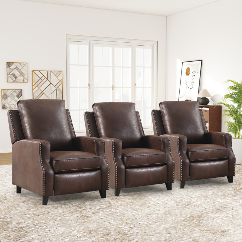 31.1''Wide Classic And Comfortable Faux Leather Push Back Recliner With Nailhead Trim (Set Of 3), Reddish Brown
