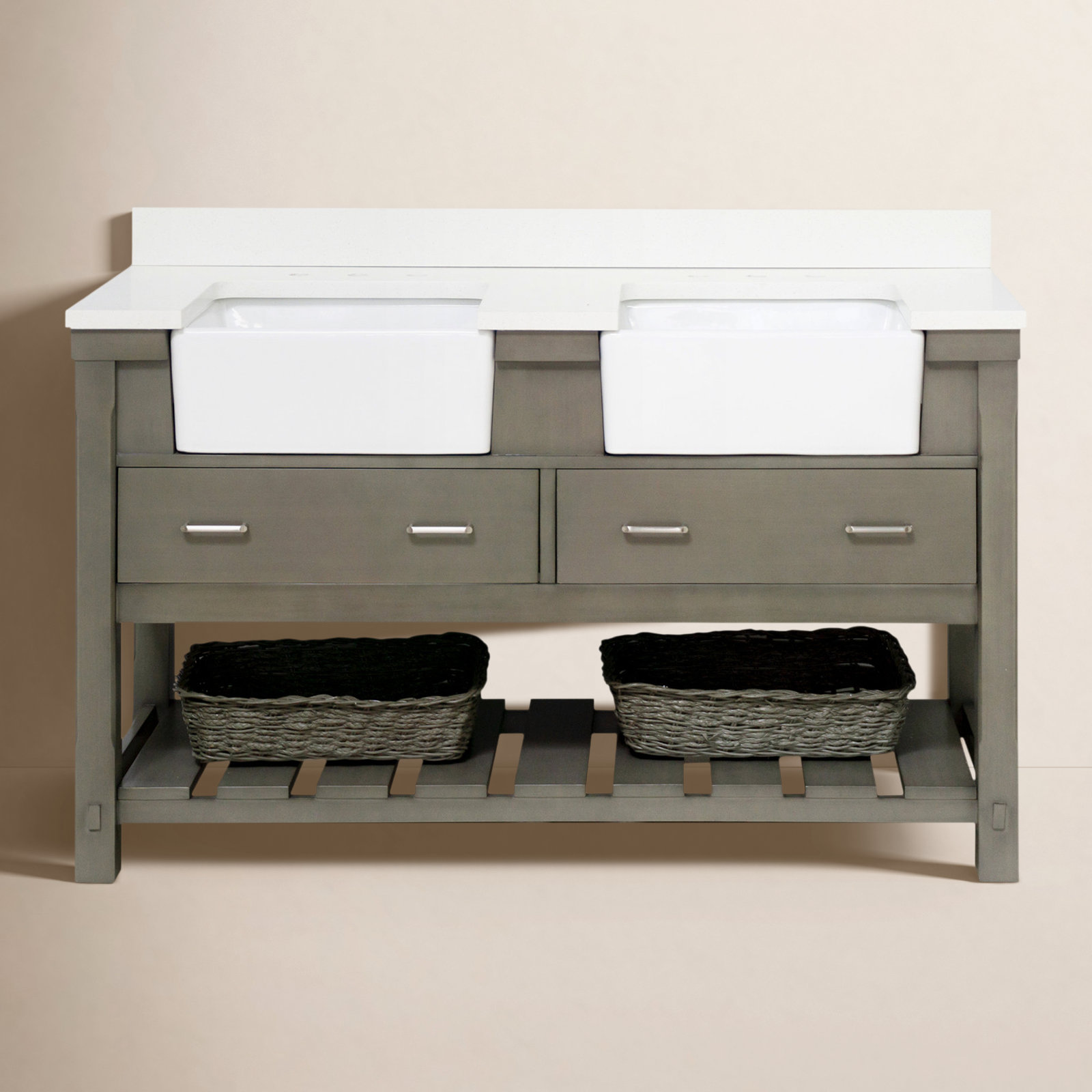Hitton 60 " Pine Double Bathroom Vanity, Quartz, Weathered Gray