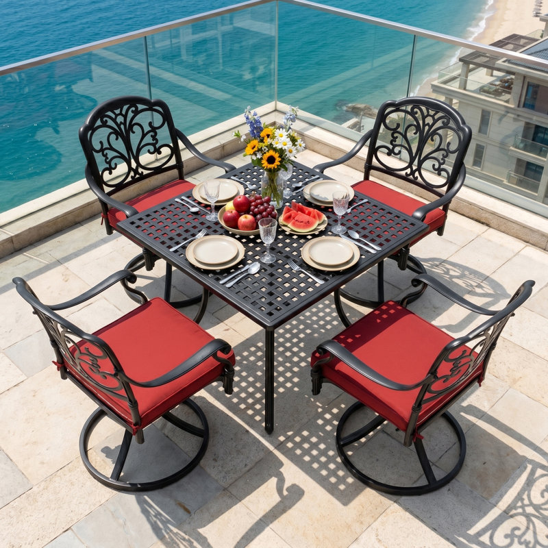 Ensemble repas 5 pièces en fonte d'aluminium avec trou pour parasol et chaises pivotantes
