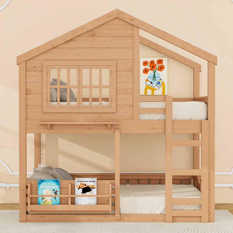 Wood House Bunk Bed with Ladder, Twin Over Twin