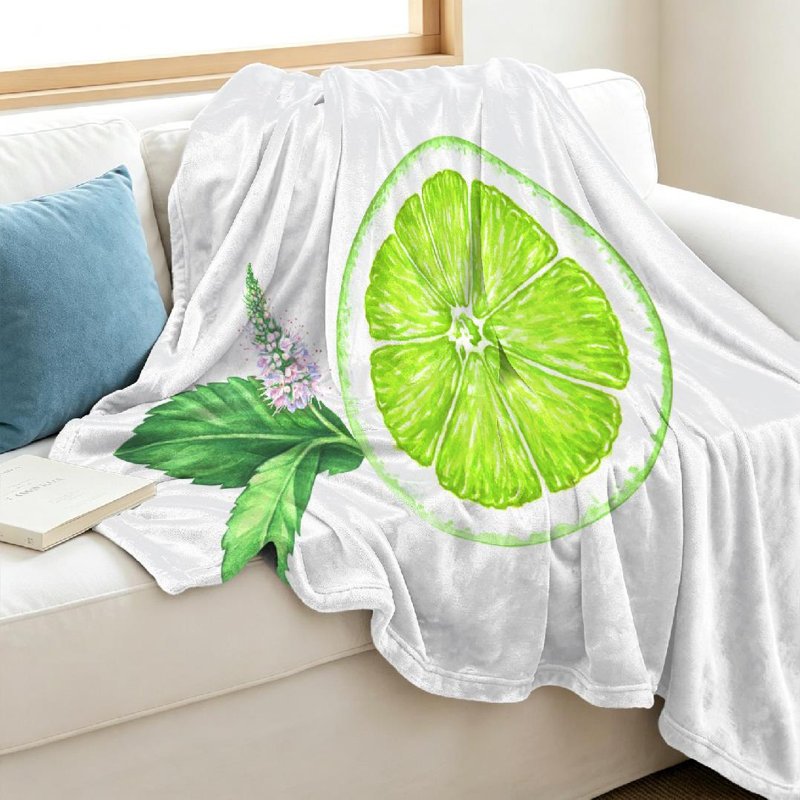Jeté en molleton orange ultra doux en flanelle orange, tranche de lime avec imprimé menthe simple face, Throw 40" x 50"