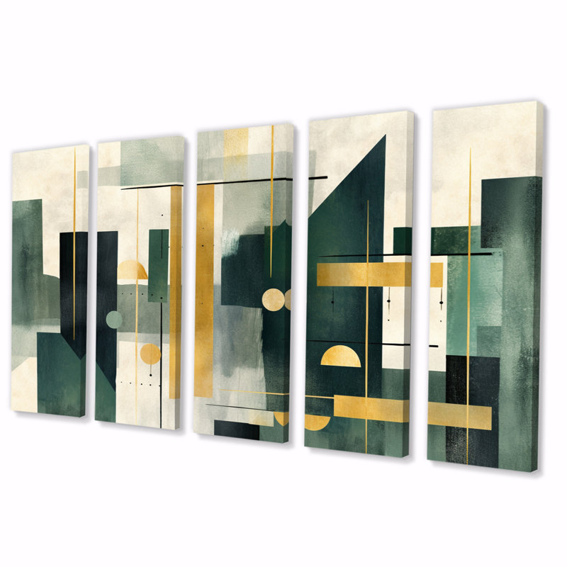Gold Green Parallel Universes - Abstract Shapes Wall Decor - 5 Equal Panels