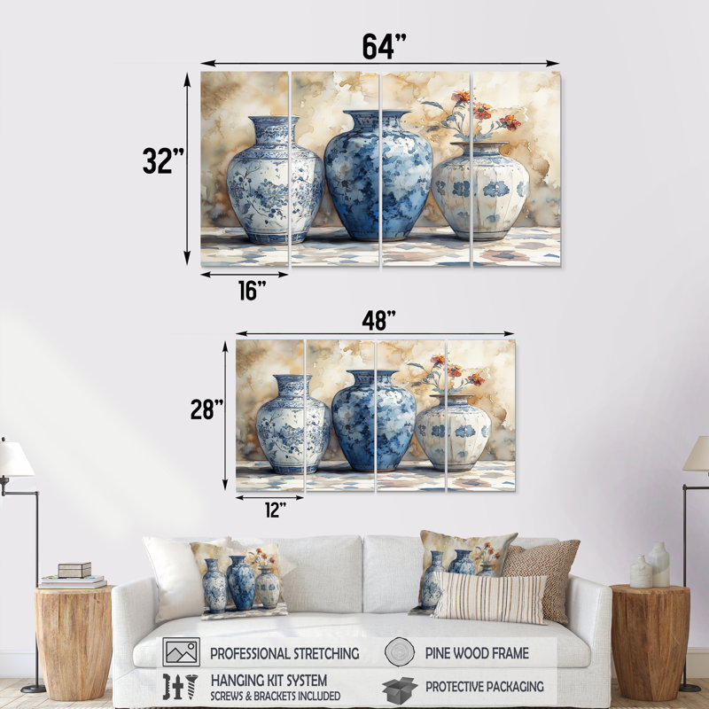«Blue Stately Vases II - Morocco Pottery», ensemble d'art sur toile, H 28 po x l 48 po