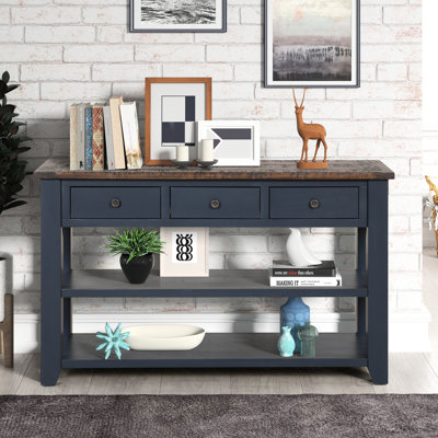 Console en bois de pin massif 48 po, table d'appoint moderne avec 3 tiroirs de rangement et 2 tablettes. Facile à assembler (bleu marine + plateau brun (ancien SKU: W120246667