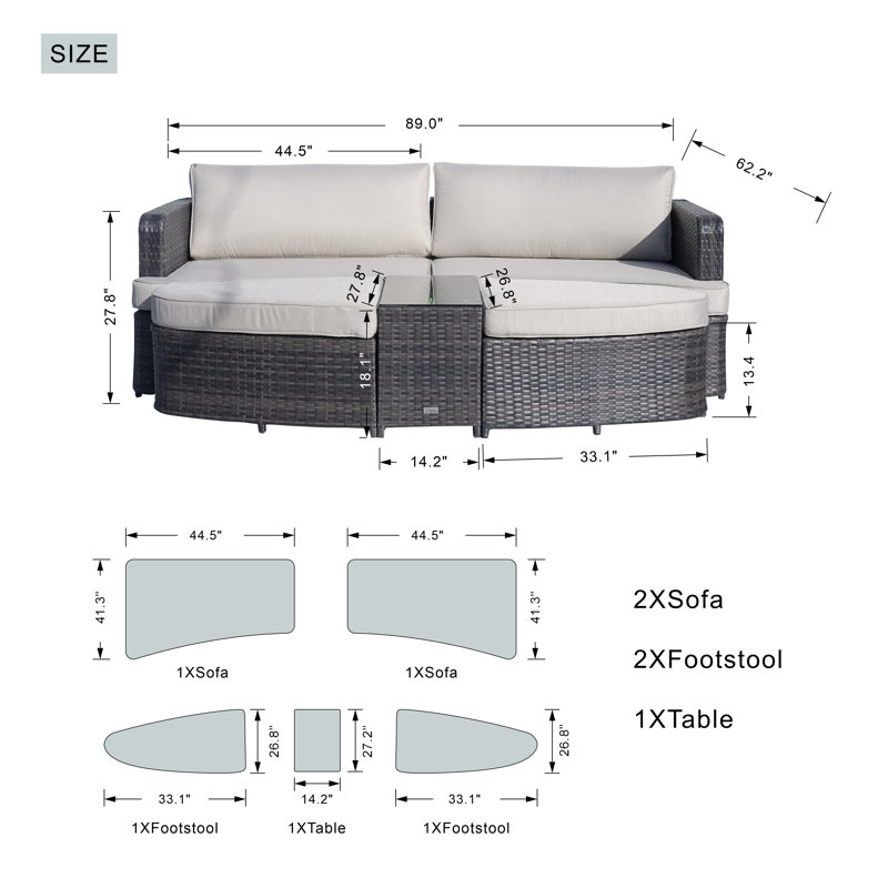 Darsh 88.98'' Long Chaise Lounge Set with Cushions and Table, Beige