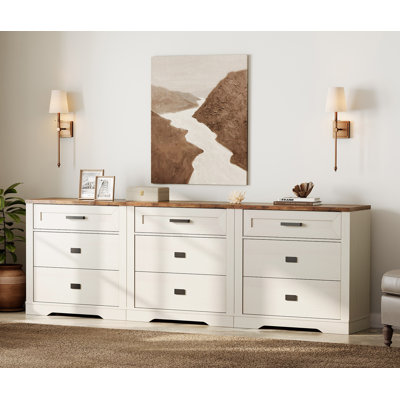 Laziza 3 in 1 Triple Dresser for Bedroom, Farmhouse 94 inch Wide Dresser with 9 Chest of Drawers, Wooden Closet Storage Organizer with Steel Pull Hand by Gracie Oaks