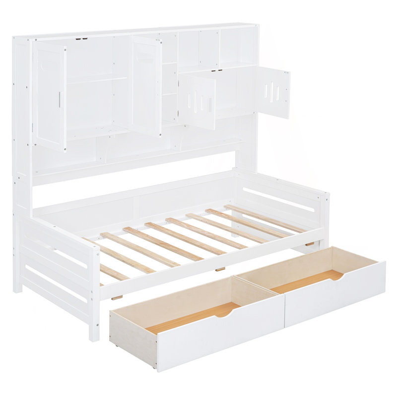 Twin Size Wooden Daybed With 2 Drawers, And All-In-One Cabinet And Shelf, White, Twin, White