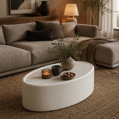 Table basse de rangement ovale cachée 33,46 po - Plateau en verre trempé certifié 3C et table basse de rangement blanche moderne en cuir de qualité supérieure pour le salon