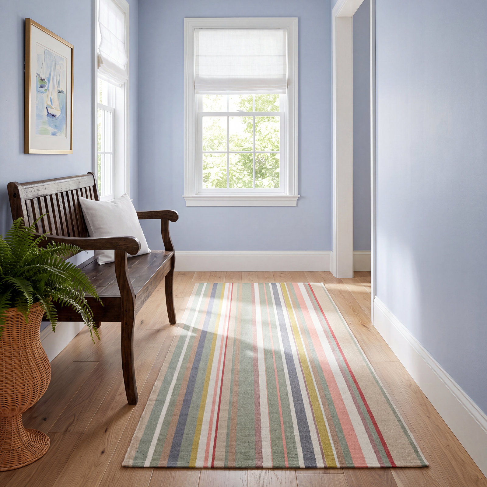 Godina Striped Handmade Polyester Area Rug in Blue/Red/Pink, Runner 3' x 8'