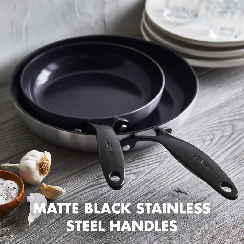 GreenPan Venice Pro Noir Tri-Ply Stainless Steel Healthy Ceramic Nonstick 8" and 10" Frying Pan Skillet Set, Matte Black Handle, PFAS-Free, Multi Clad, Induction, Dishwasher Safe, Oven Safe