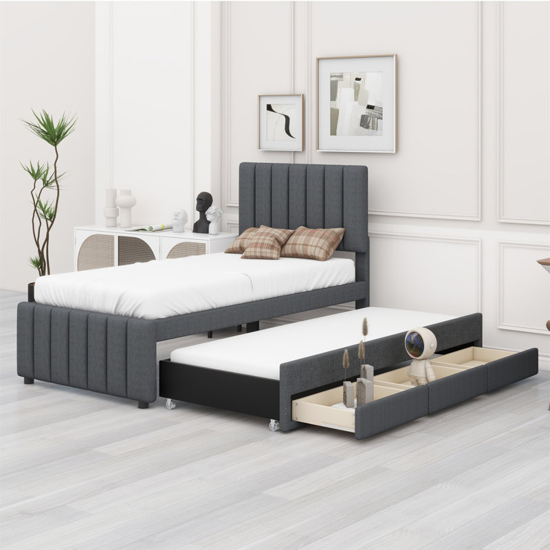Lit simple avec lit gigogne escamotable et 3 tiroirs de rangement en dessous, lit plateforme simple tapissier en lin, Gris