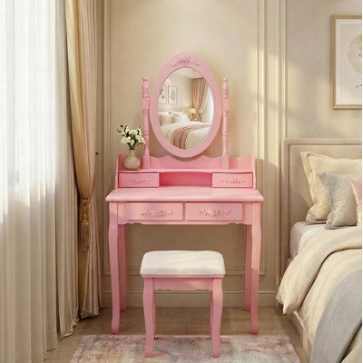 Pink Princess Vanity Desk Set With Mirror & Cushioned Stool, 4-Drawer Wooden Makeup Vanity Table For Bedroom, Dressing Table With Ample Storage