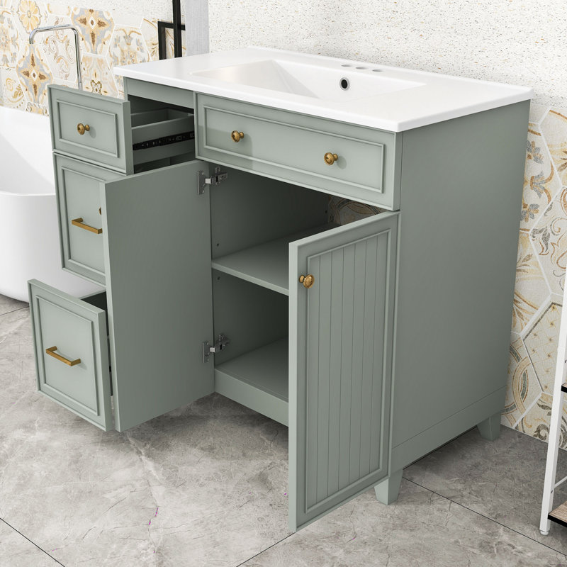 Meuble-lavabo de salle de bain avec 2 tiroirs, 1 tablette de rangement réglable et 2 portes, Vert