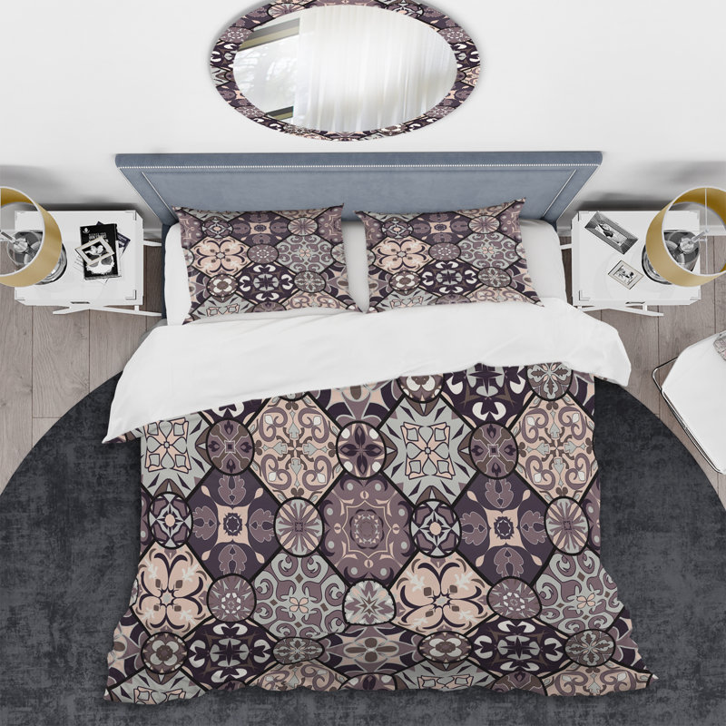 Ensemble de housse de couette à motif mosaïque brune, Housse de couette simple + 1 taie décorative stan