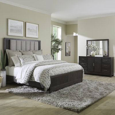 Ensemble de chambre à coucher grand lit, commode et miroir Keniston