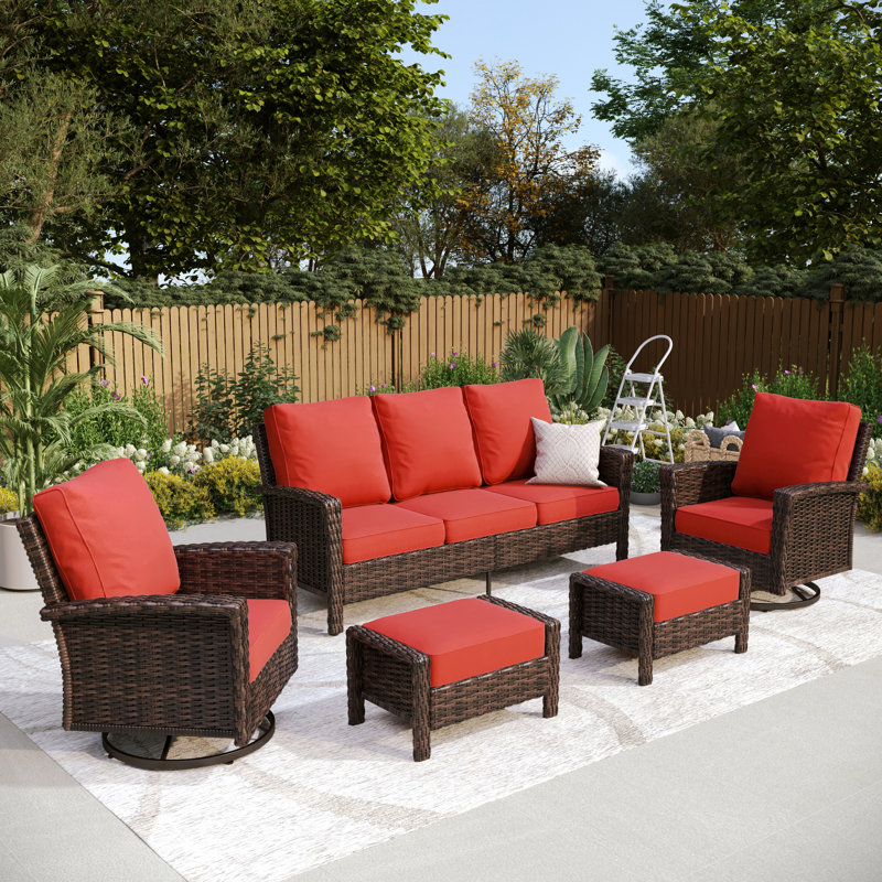 Nadilee Premium All-Weather Wicker 5 - Person Patio Conversation Set with Cushions, Red