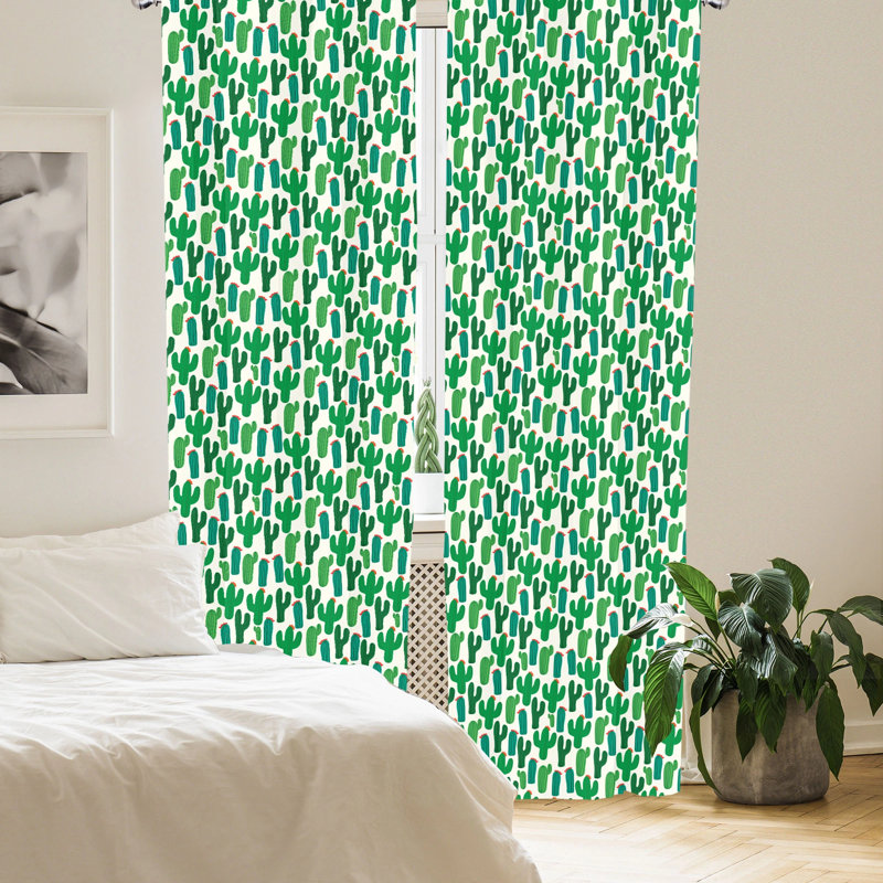 Cactus Motif Green and Red Polyester Rod Pocket Curtain Panels