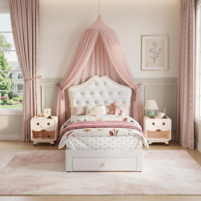 79.9"L x 39"W x 43.3"H Twin XL Size LED Bed with Trundle and 2 Storage Drawers for Teen Bedroom, Engineered Wood Platform Frame with Crystal Tufted Faux Leather Headboard, White