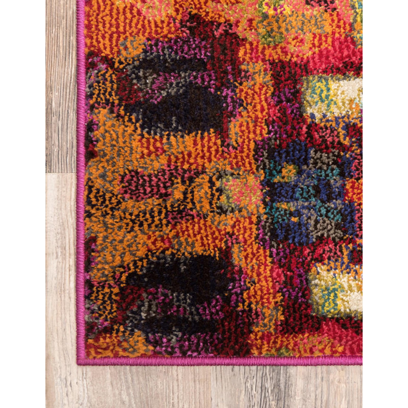 Tapis orange / rose / bleu / jaune à motif abstrait Corlenzo, Rectangulaire 7 pi 1 po x 10 pi